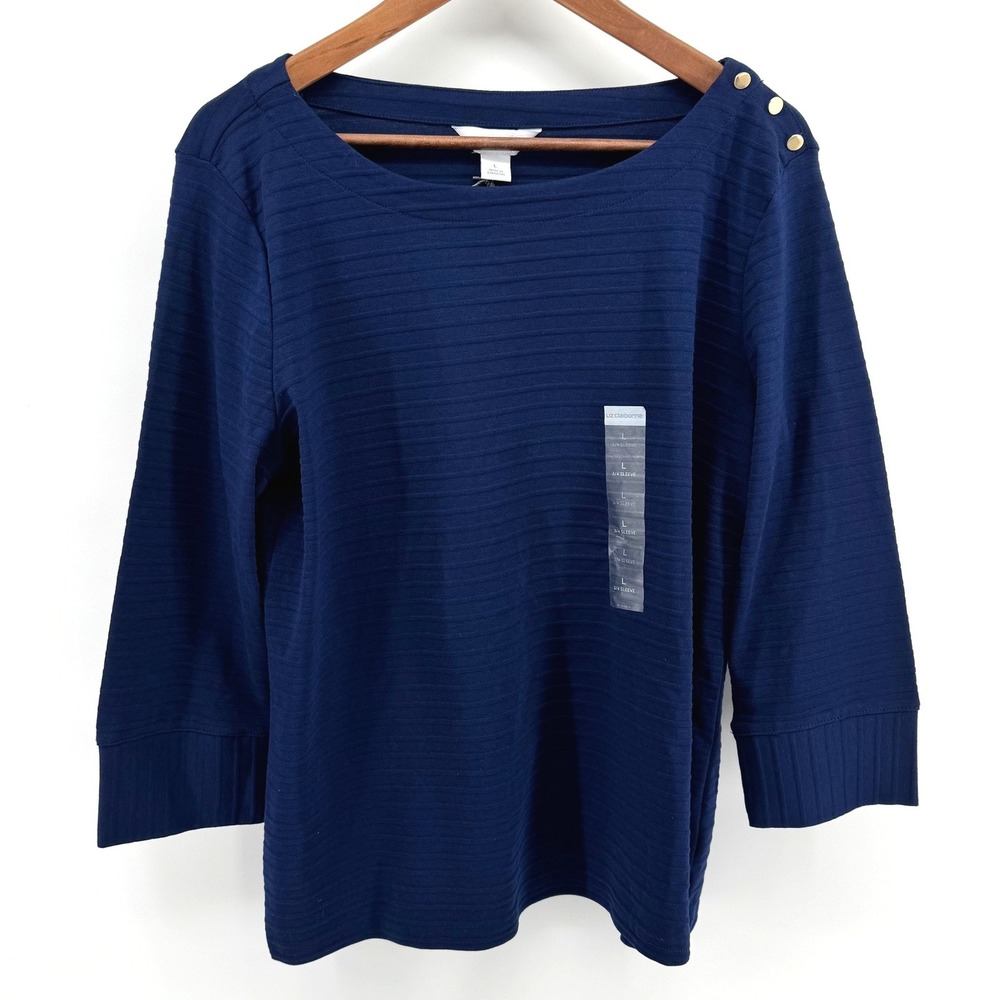 Liz Claiborne Knit Top Women Large Navy Blue 3/4 Sleeve Button Boat Neck Office